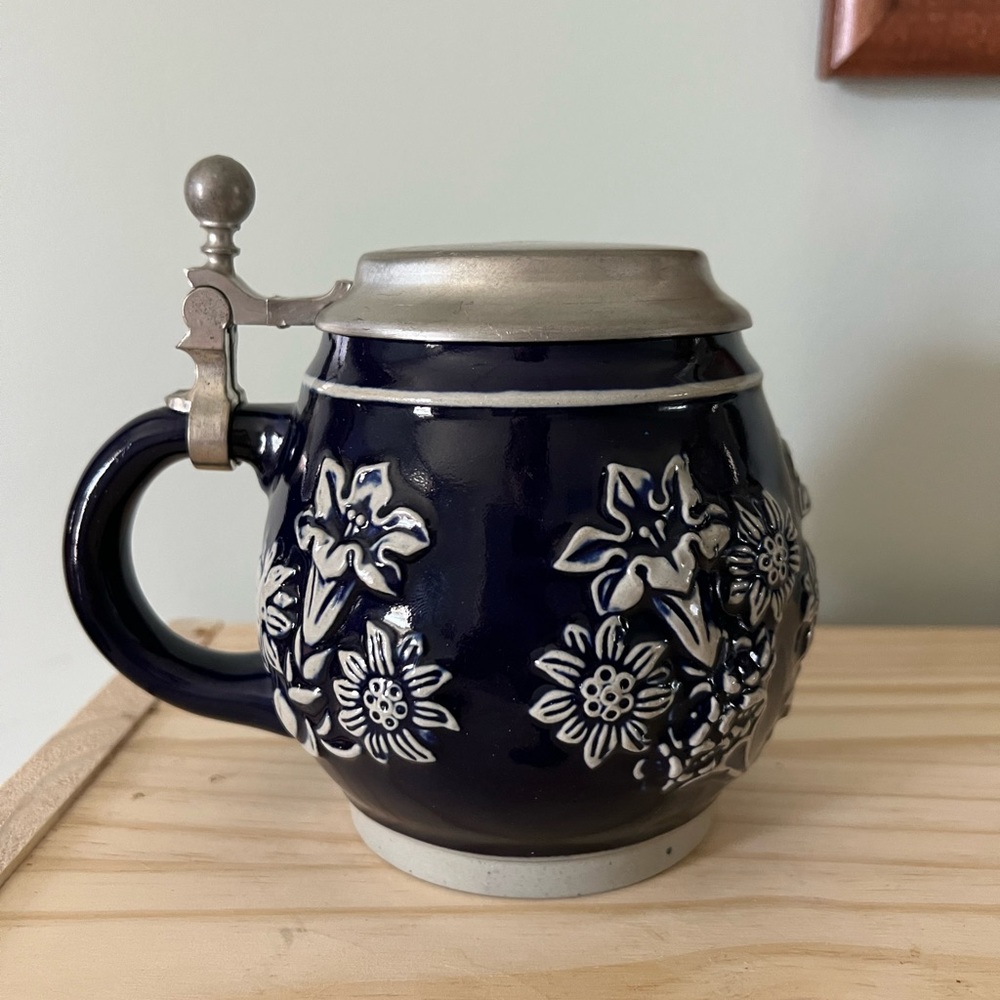 Antique German Beer Stein Cobalt Blue Glazed with White Flowers Pewter Lid